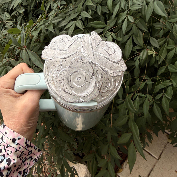 Stunning Glitter Rose Bouquet Cluster Tumbler Topper that fit Stanley Tumbler Quencher Lids, 3D Decorative Lid