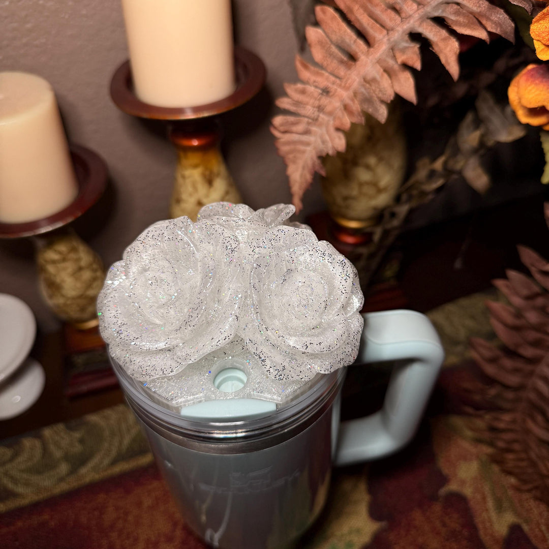 Stunning Glitter Rose Bouquet Cluster Tumbler Topper that fit Stanley Tumbler Quencher Lids, 3D Decorative Lid