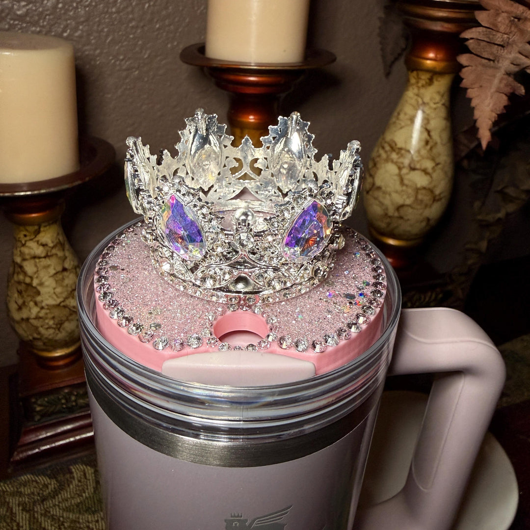 Spring Pink Iridescent Rhinestone Princess Accessories for Stanley tumblers, Princess Crown Topper Bling Bangle Band or rose topper