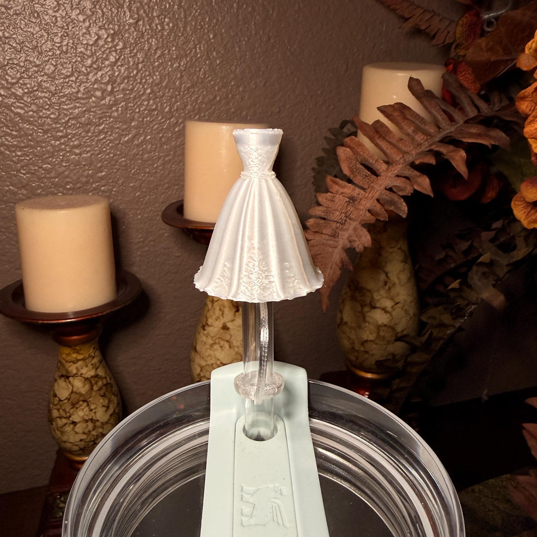 Bride Wedding Dress Straw Cap Topper, White Silk, for Stanley 20 30 or 40 oz Tumblers with 10 mm straw, unique minimalist gift
