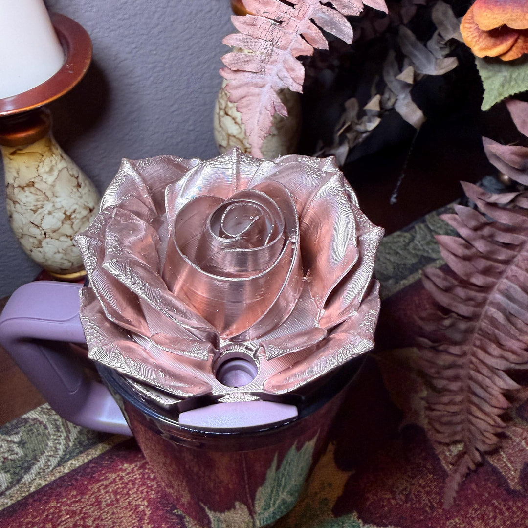 Polished Rose Gold 3D Rose Tumbler Topper that fit the new Stanley tumblers, 3D Decorative Lid