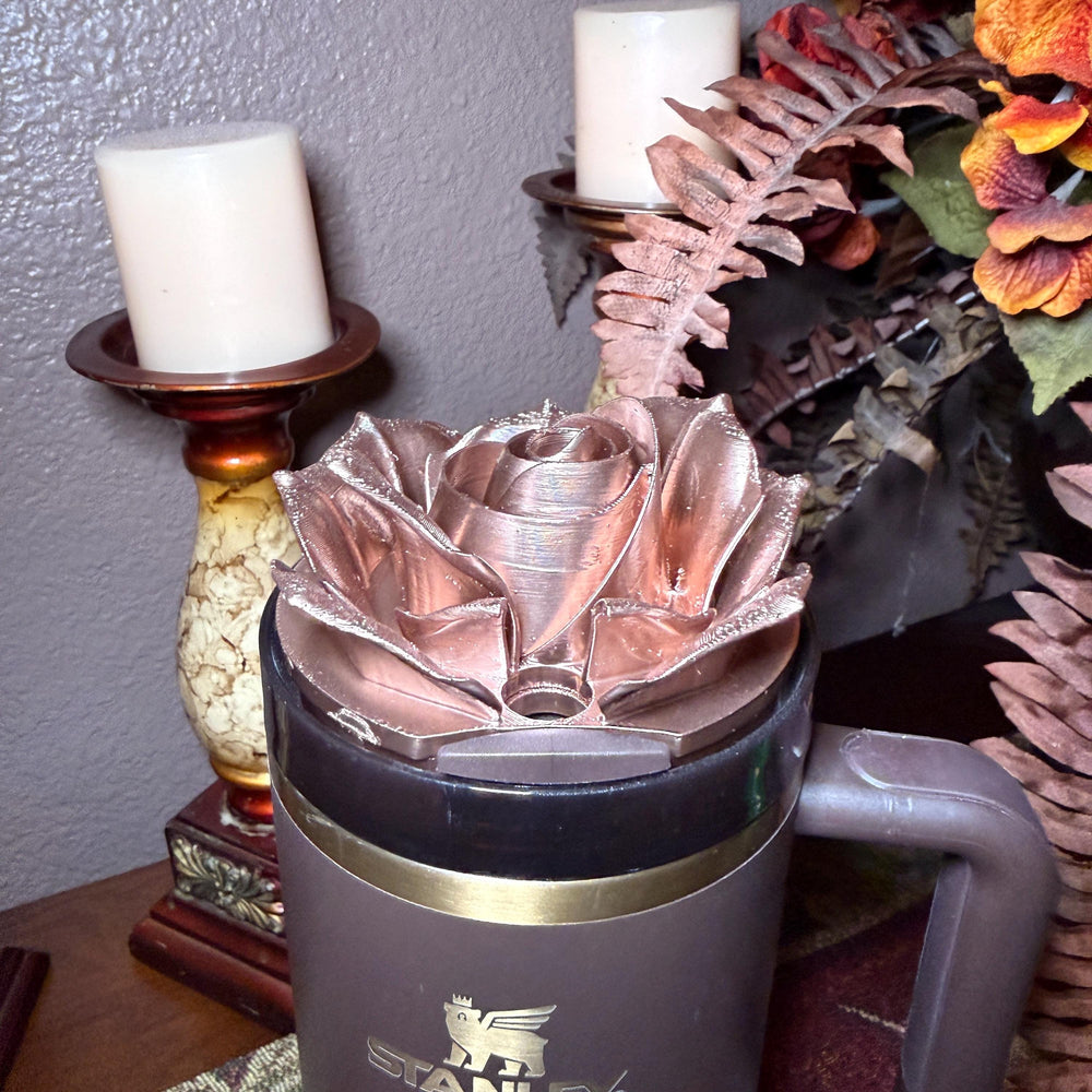 Polished Rose Gold 3D Rose Tumbler Topper that fit the new Stanley tumblers, 3D Decorative Lid