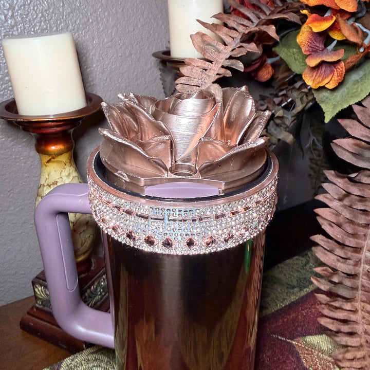 Polished Rose Gold 3D Rose Tumbler Topper that fit the new Stanley tumblers, 3D Decorative Lid