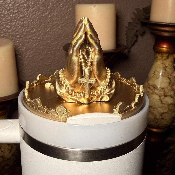 Gold Rosary Praying Hands Tumbler Topper for Starlight Shimmer Stanley – Religious Easter Accessory, Unique Gift