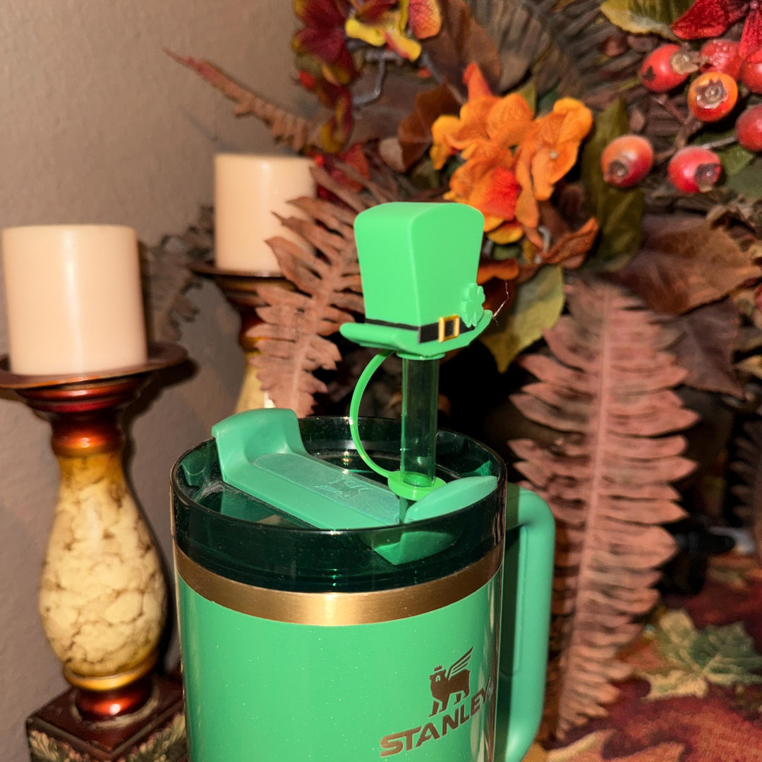St. Patricks Day Hat Straw Cap Topper, Green Shamrock, for Stanley Tumblers with 10 mm straw, unique minimalist gift accessories
