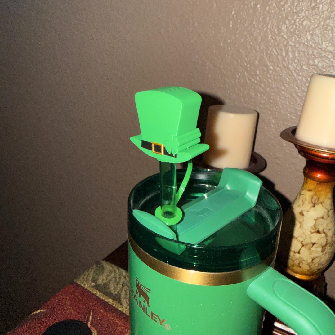 St. Patricks Day Hat Straw Cap Topper, Green Shamrock, for Stanley Tumblers with 10 mm straw, unique minimalist gift accessories