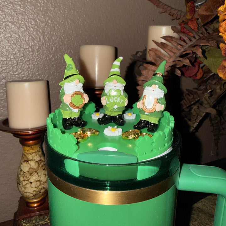 St. Patricks Day Gnome Lid Topper, Green Shamrock, for Stanley Tumblers, unique minimalist gift accessories