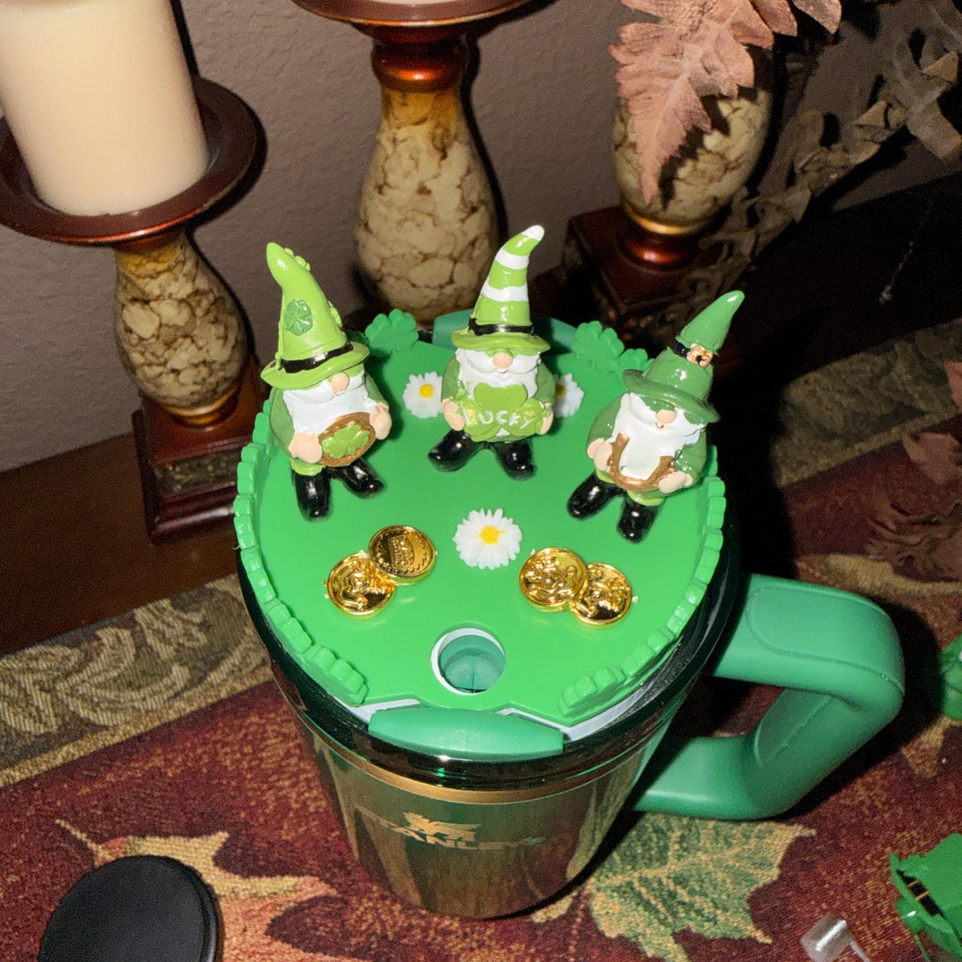 St. Patricks Day Gnome Lid Topper, Green Shamrock, for Stanley Tumblers, unique minimalist gift accessories