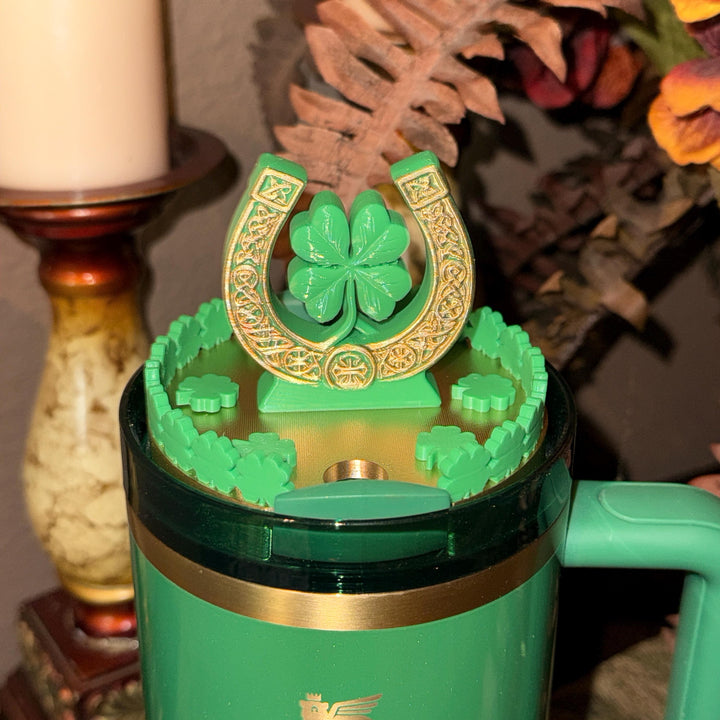 St. Patricks Day Horseshoe Lid Topper, Green Gold Shamrock, for Stanley Tumblers, unique minimalist gift accessories