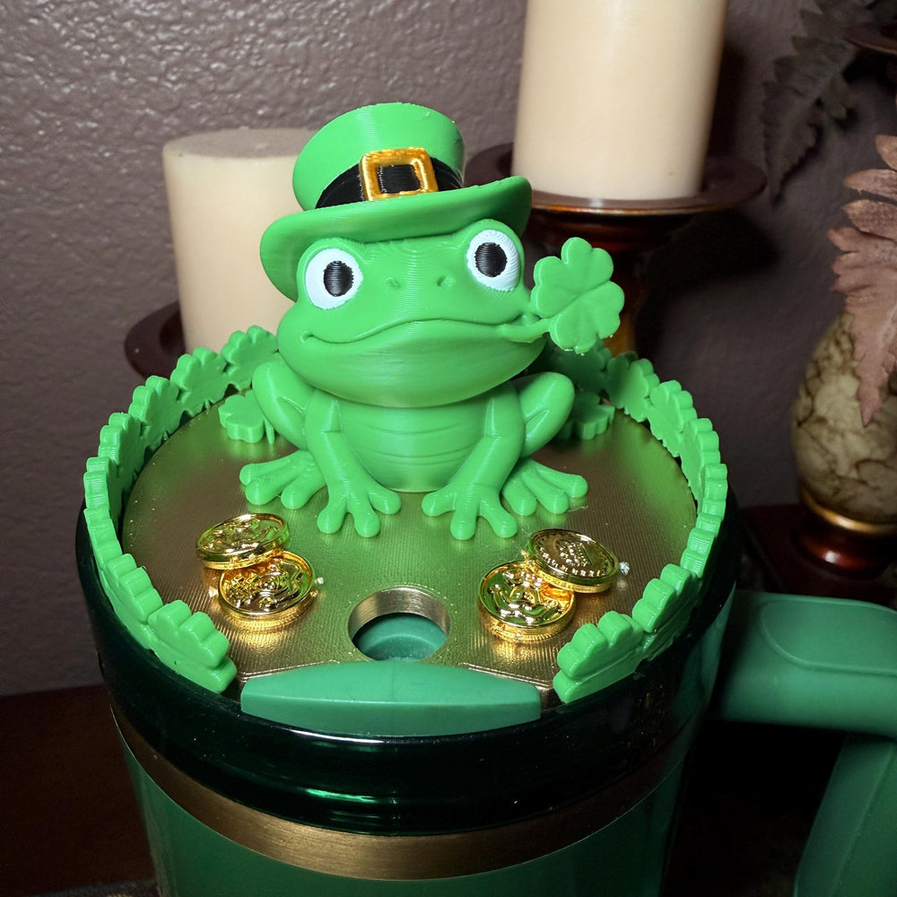 St. Patricks Day Lucky Frog Lid Topper, Green Gold Daisy Shamrock, for Stanley Tumblers, unique minimalist gift accessories