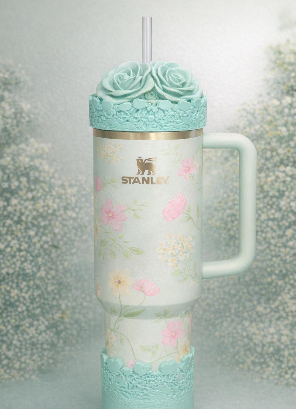 Sage Green Spring Blossoms Tumbler Accessories, Lid Topper, Boot, halo, staw topper, For 20 30 or 40 oz Stanley Tumblers, Mothers Day Gift