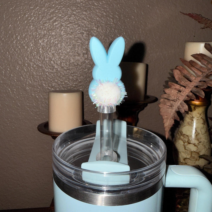 Easter Bunny with a puff tail Straw Cap Topper, for Stanley 20 30 or 40 oz Tumblers with 10 mm straw, unique minimalist gift