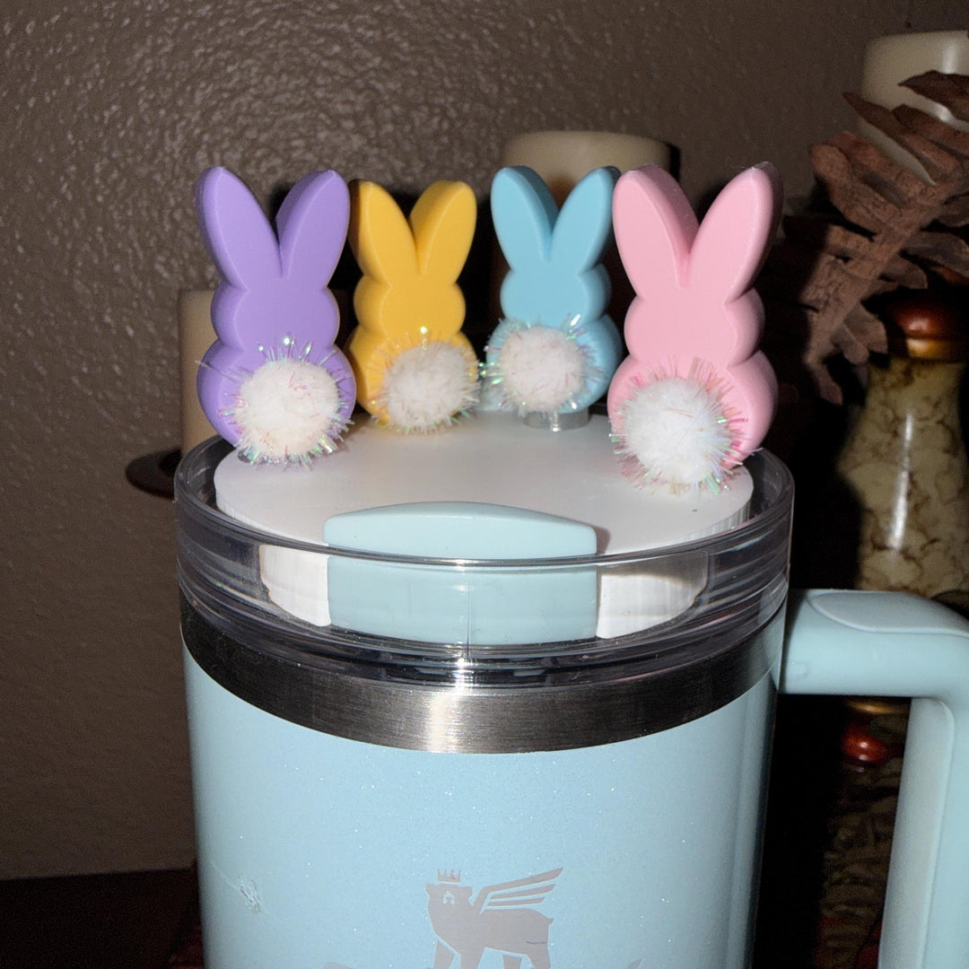 Easter Bunny with a puff tail Straw Cap Topper, for Stanley 20 30 or 40 oz Tumblers with 10 mm straw, unique minimalist gift