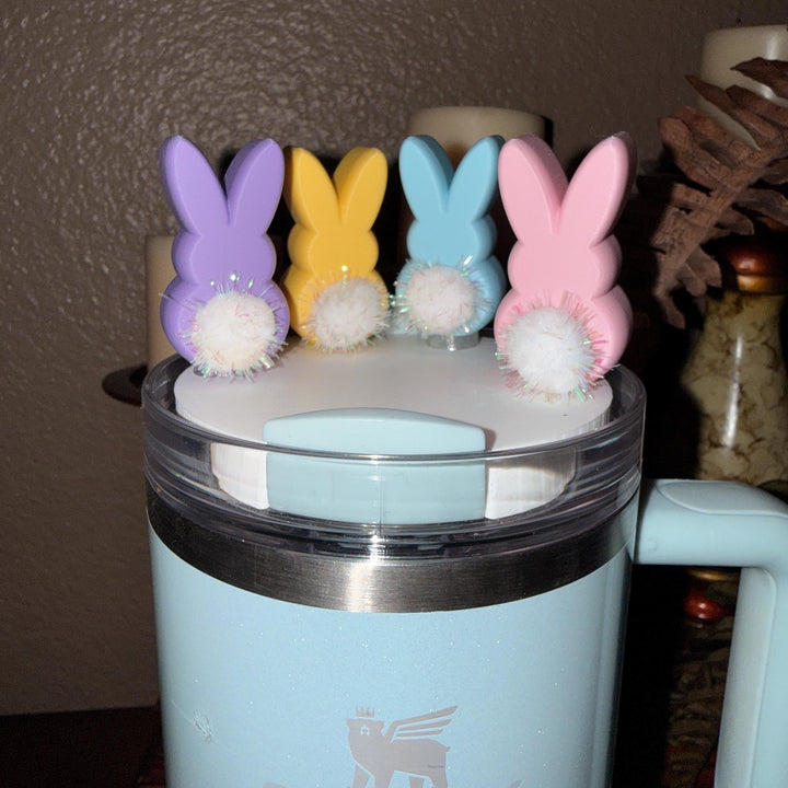 Easter Bunny with a puff tail Straw Cap Topper, for Stanley 20 30 or 40 oz Tumblers with 10 mm straw, unique minimalist gift