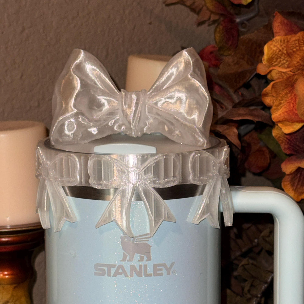 Beautiful Clear Bow Lid Halo or Boot for Stanley tumblers, Tumbler Sleeves, custom colors