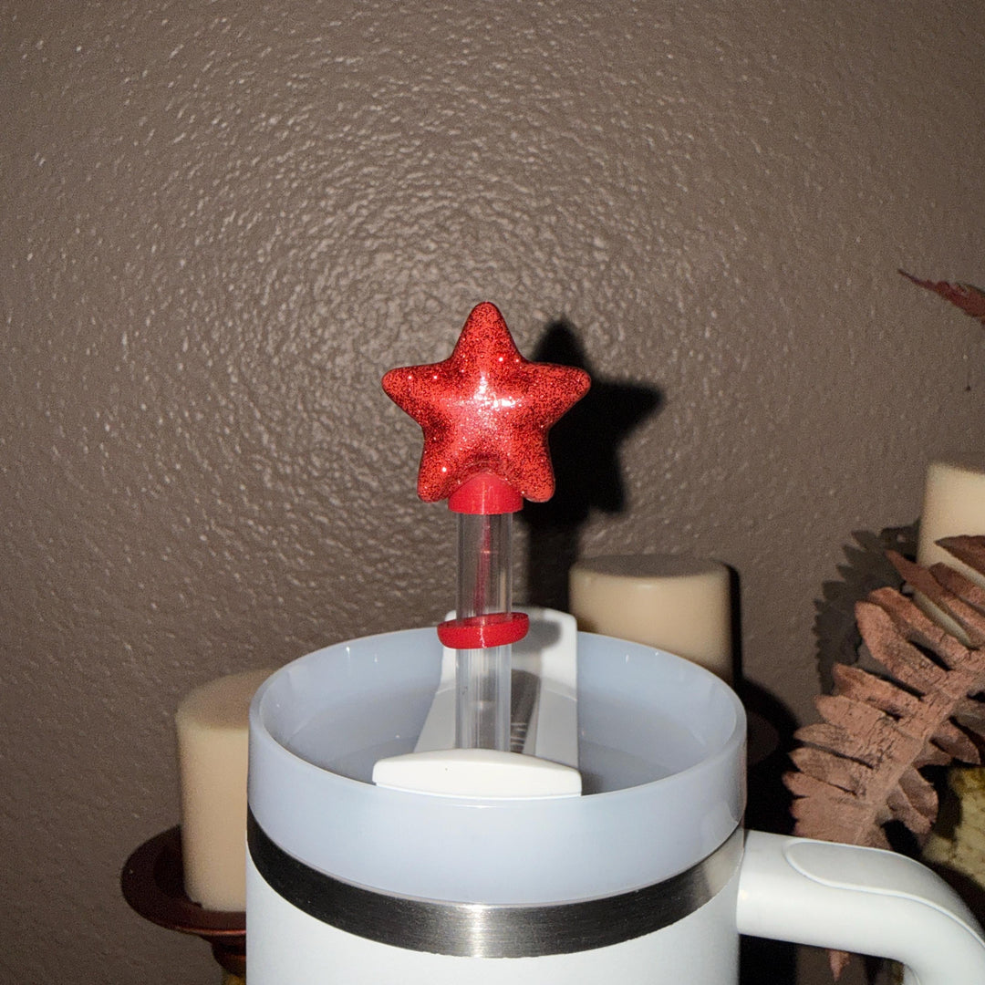 Red White Blue Glittered Star Straw Topper Cap , fits straws 10 mm diameter, Patriotic, July 4th, Independence Day, Unique Gift