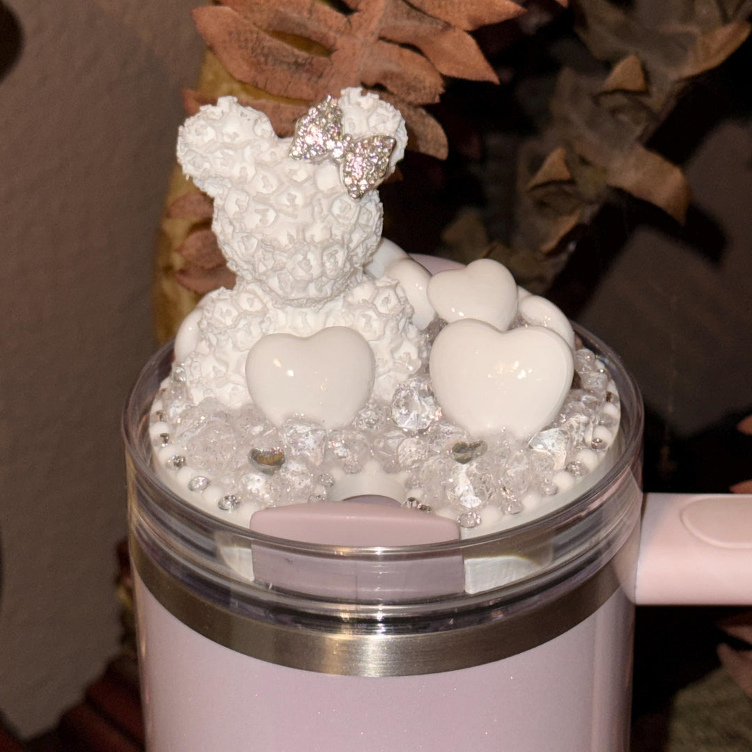 Rhinestone White Rose Bear and White Hearts Rhinestone Tumbler Topper fits Stanley Lid