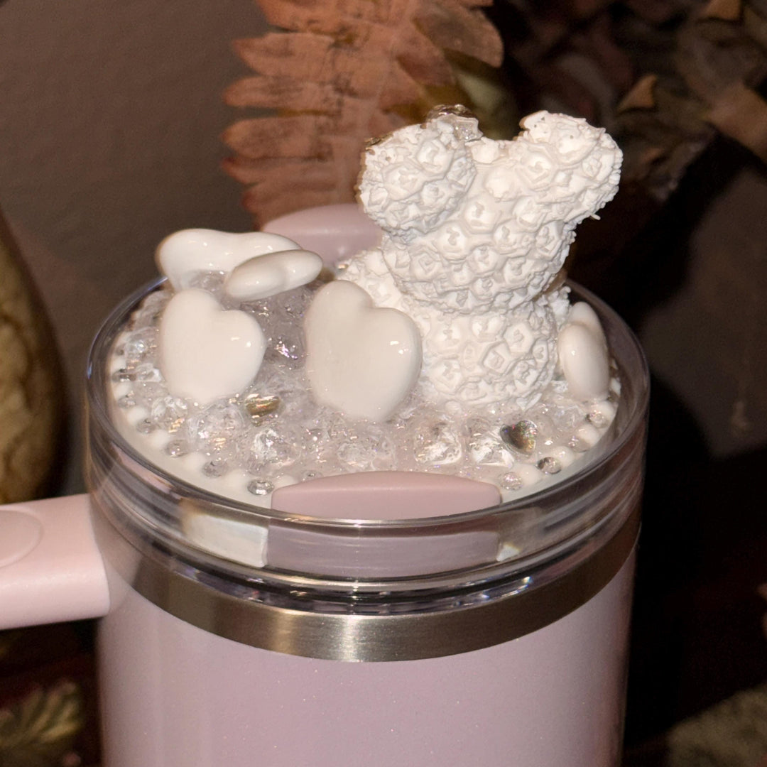 Rhinestone White Rose Bear and White Hearts Rhinestone Tumbler Topper fits Stanley Lid
