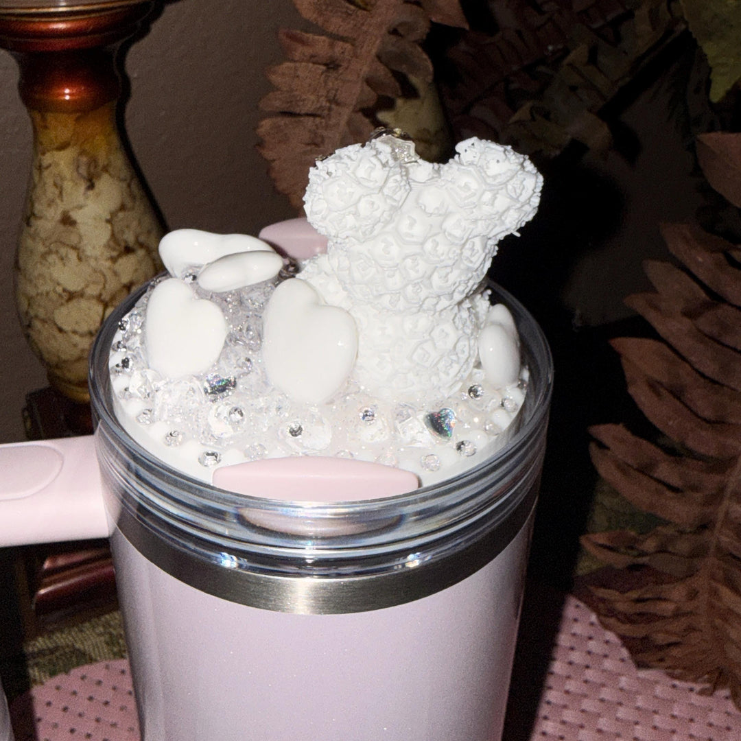 Rhinestone White Rose Bear and White Hearts Rhinestone Tumbler Topper fits Stanley Lid