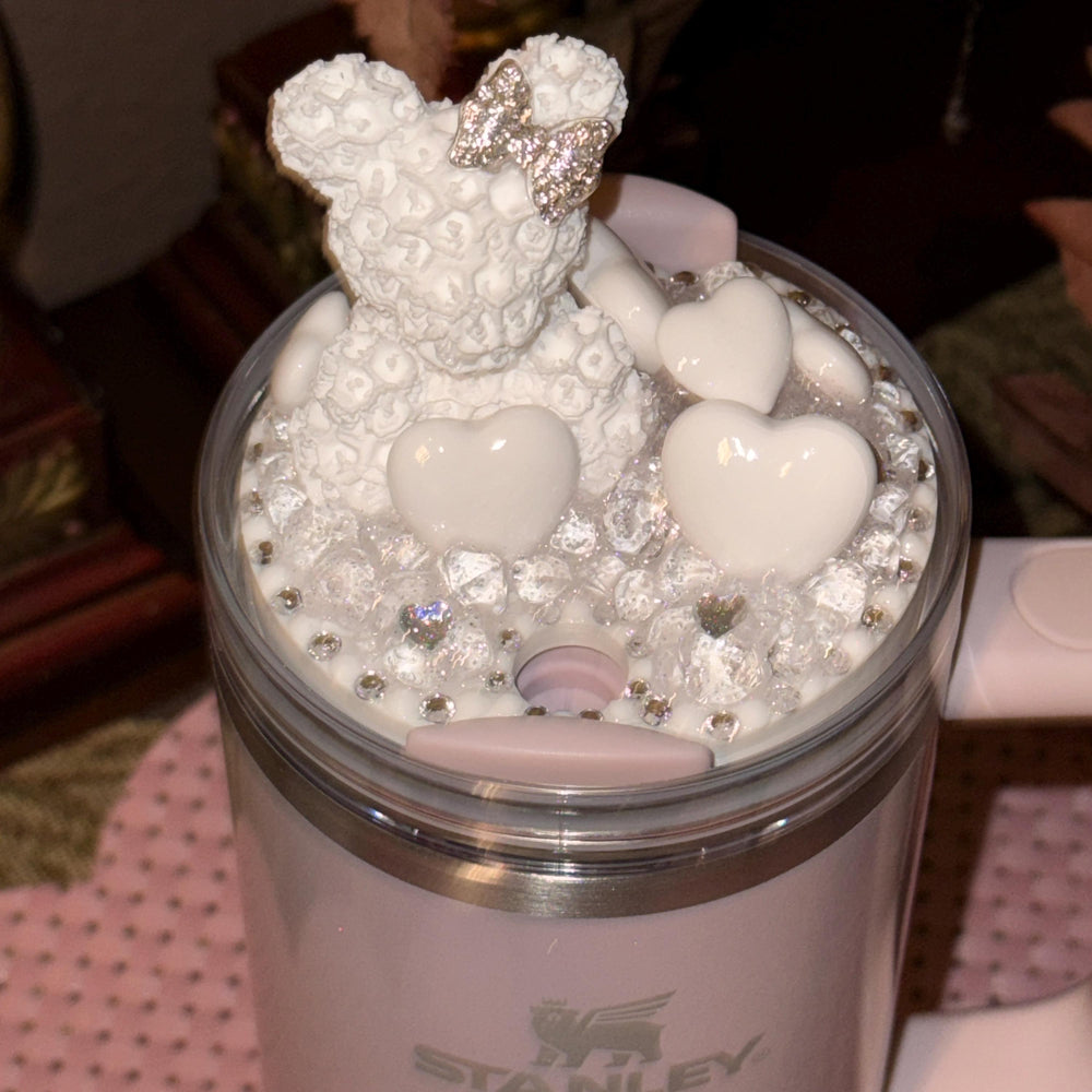 Rhinestone White Rose Bear and White Hearts Rhinestone Tumbler Topper fits Stanley Lid