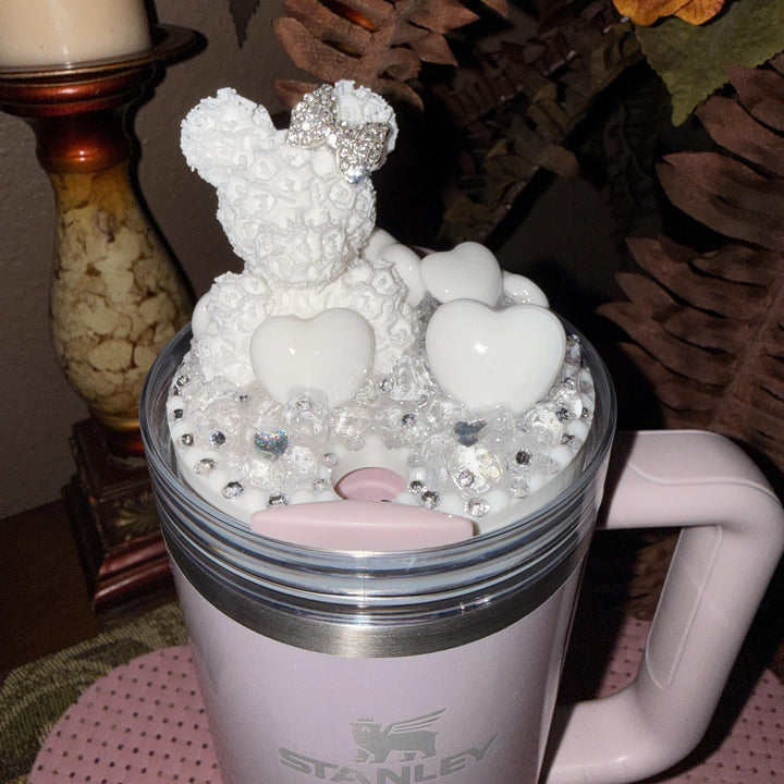 Rhinestone White Rose Bear and White Hearts Rhinestone Tumbler Topper fits Stanley Lid
