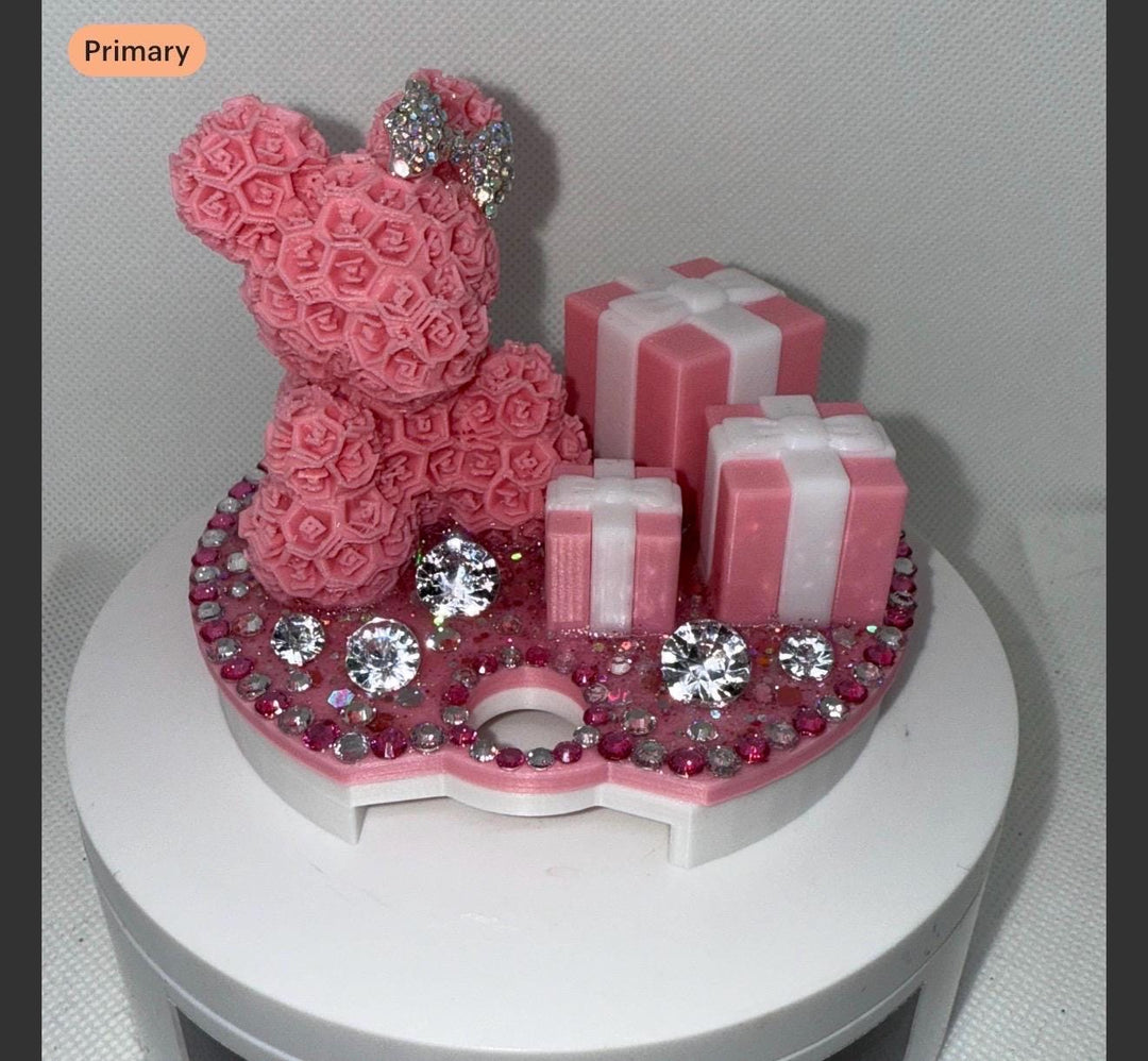 Fancy Teal White Rose Bear and Gift Boxes Rhinestone Tumbler Topper fits Stanley Lids