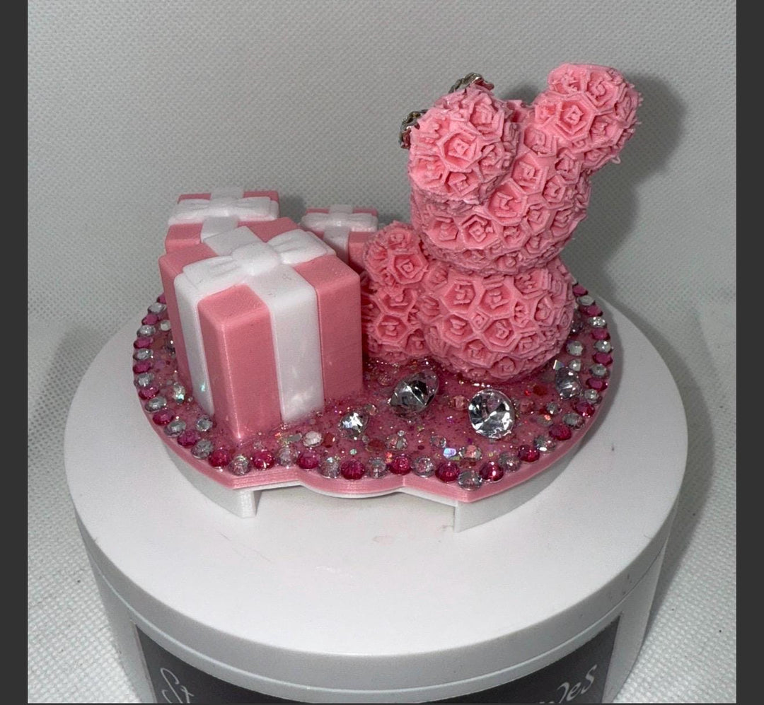Fancy Teal White Rose Bear and Gift Boxes Rhinestone Tumbler Topper fits Stanley Lids