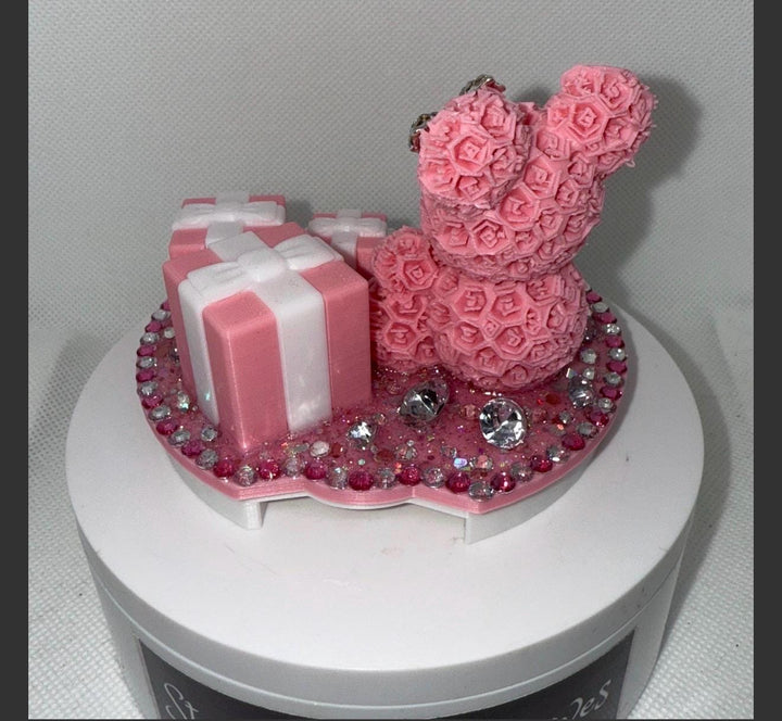 Fancy Teal White Rose Bear and Gift Boxes Rhinestone Tumbler Topper fits Stanley Lids