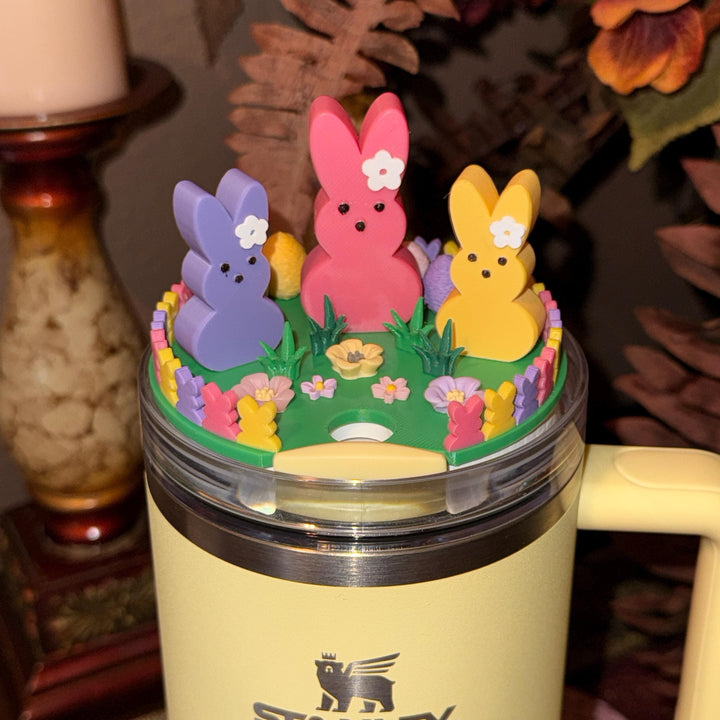 Easter Bunny, Eggs, Flowers Tumbler Topper, Spring colors, straw cap, Stanley Accessories, 3D Decorative Lid Attachment, unique gift