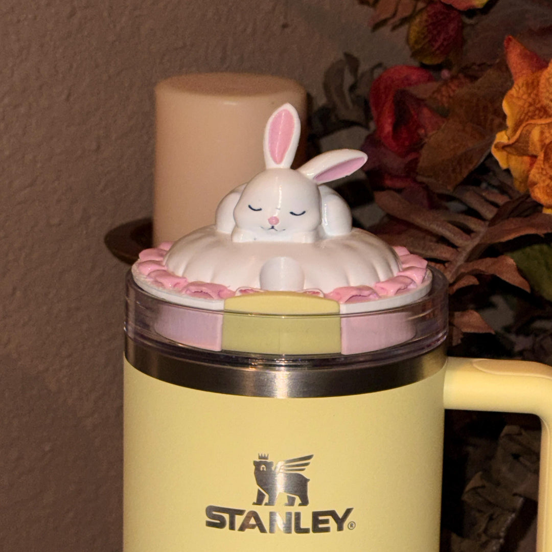 Bunny Sleeping Tumbler Topper, Easter Spring Blossoms, 3D Decorative Lid Attachment, unique gift