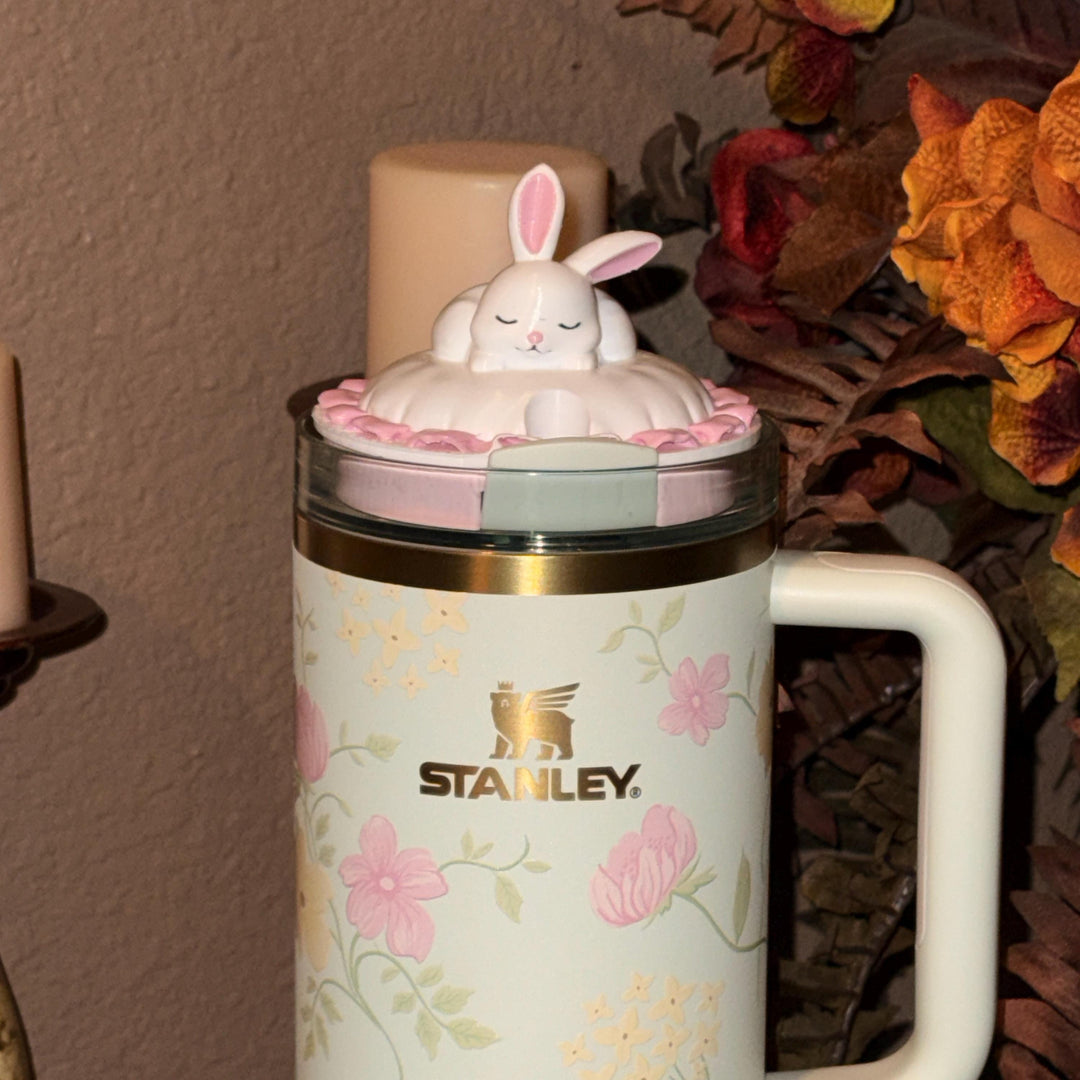 Bunny Sleeping Tumbler Topper, Easter Spring Blossoms, 3D Decorative Lid Attachment, unique gift