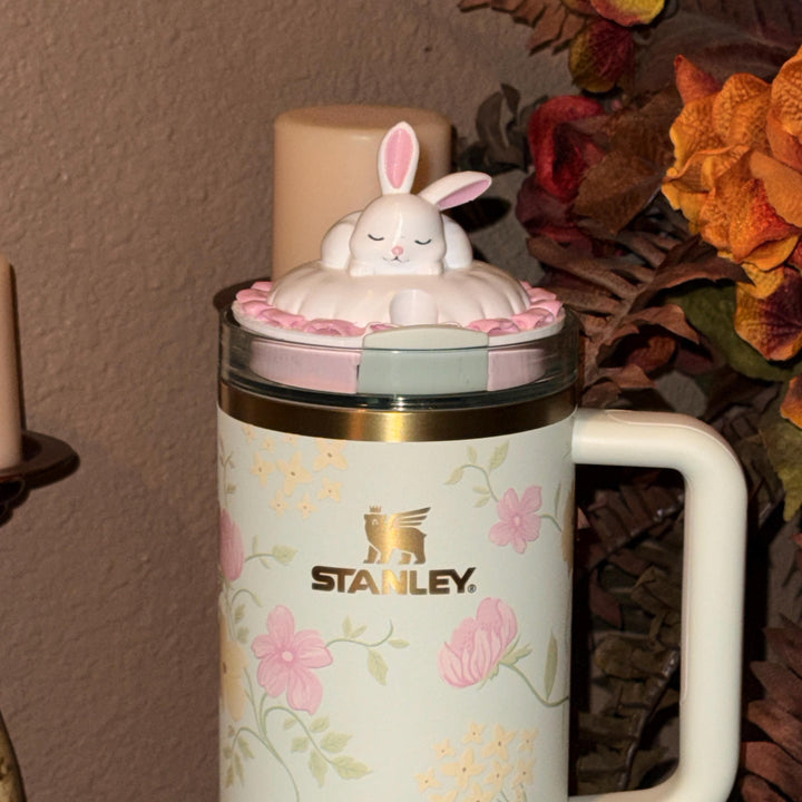 Bunny Sleeping Tumbler Topper, Easter Spring Blossoms, 3D Decorative Lid Attachment, unique gift