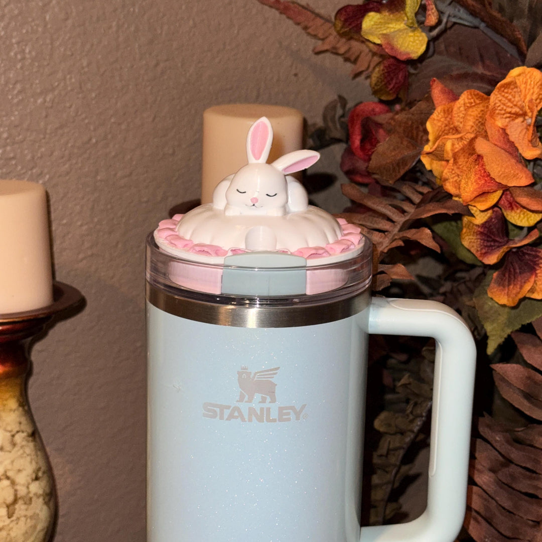 Bunny Sleeping Tumbler Topper, Easter Spring Blossoms, 3D Decorative Lid Attachment, unique gift