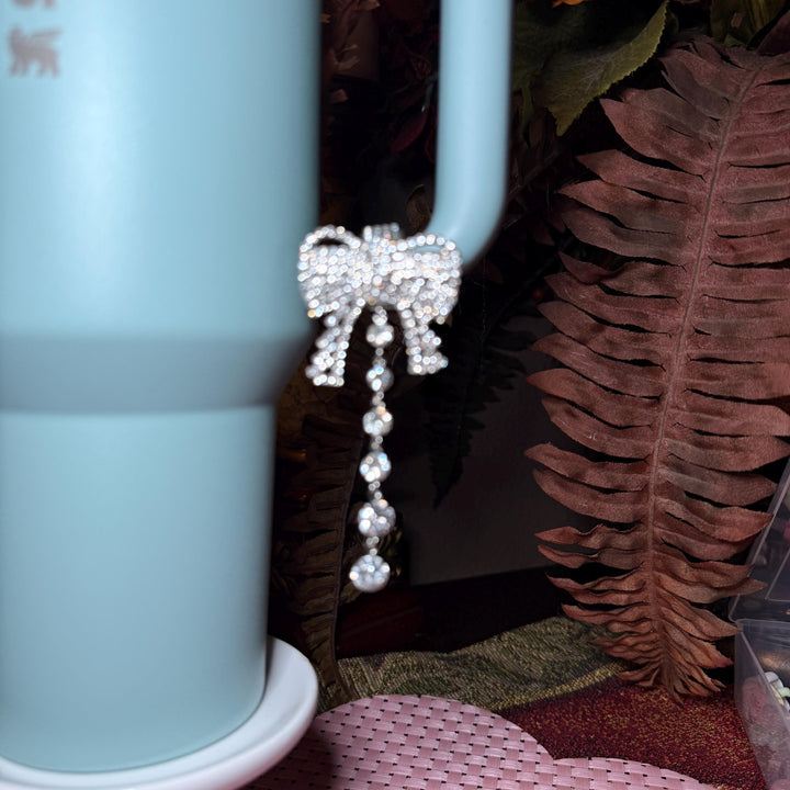 Beautiful Gold or Silver Coquette Bow and Bling Rhinestone Cup Handle Clip – Magnetic Tumbler Charm Accessory