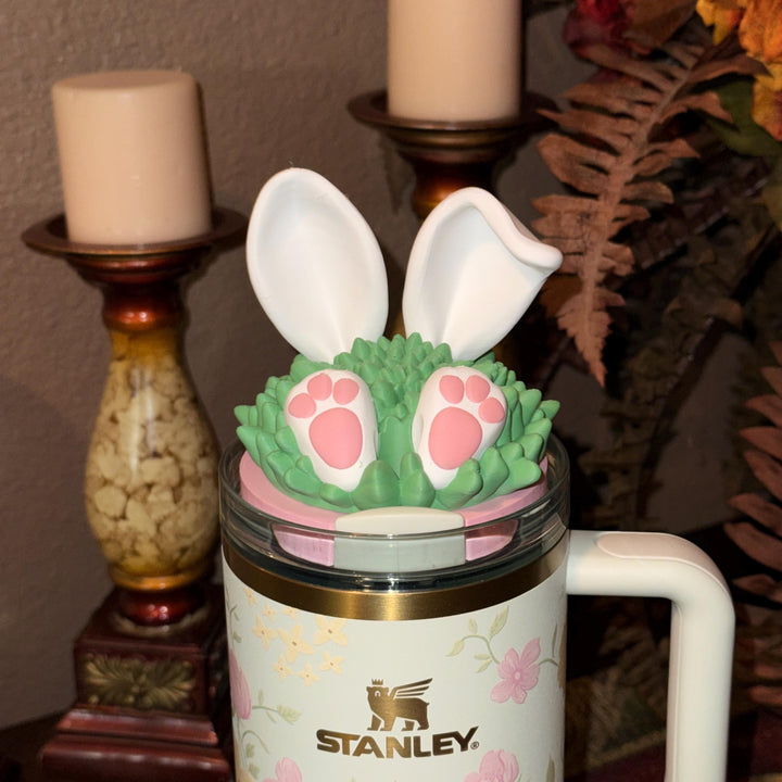 Bunny Rabbit Ears and Tail Tumbler Lid Topper, Easter Spring Blossoms, 3D Decorative Lid Attachment, unique gift