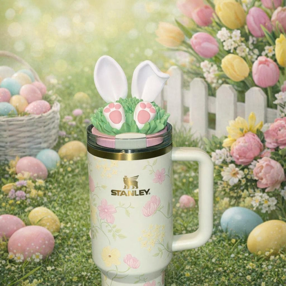 Bunny Rabbit Ears and Tail Tumbler Lid Topper, Easter Spring Blossoms, 3D Decorative Lid Attachment, unique gift