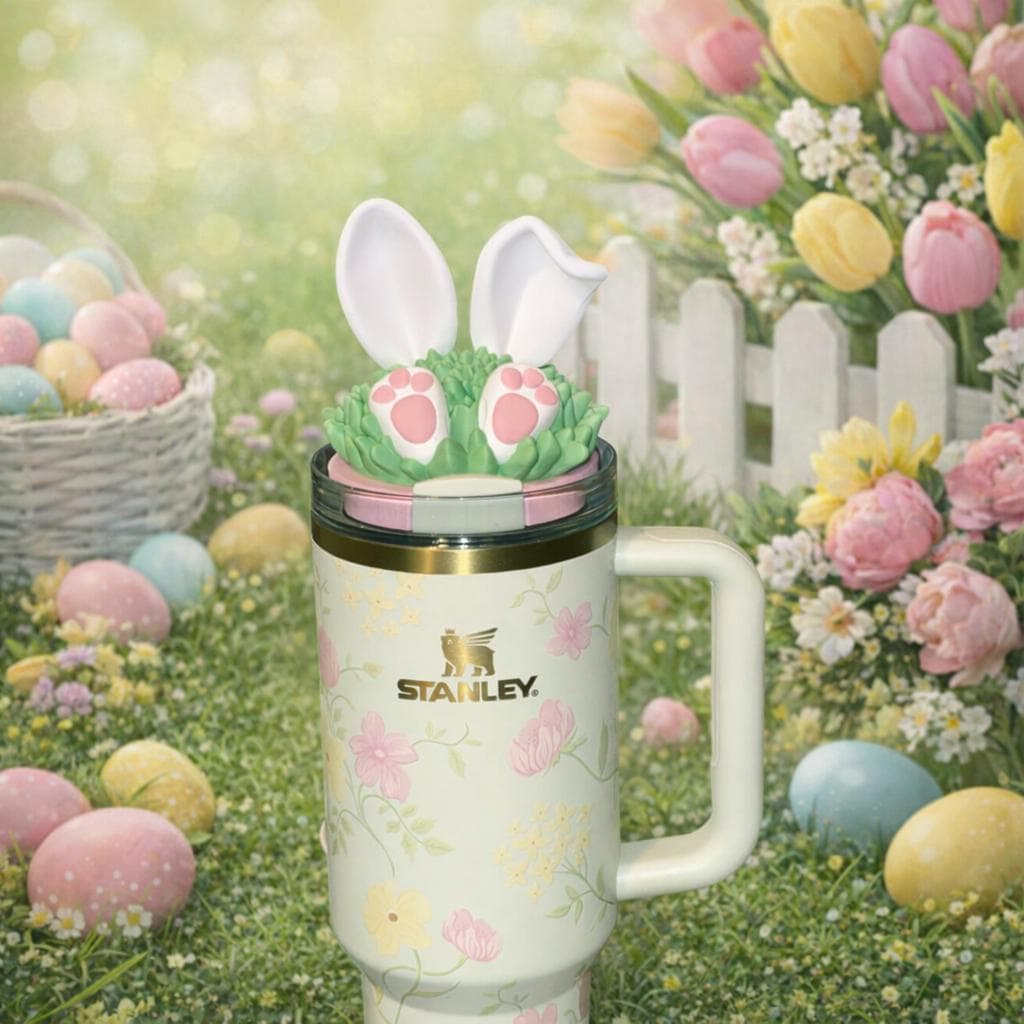 Bunny Rabbit Ears and Tail Tumbler Lid Topper, Easter Spring Blossoms, 3D Decorative Lid Attachment, unique gift