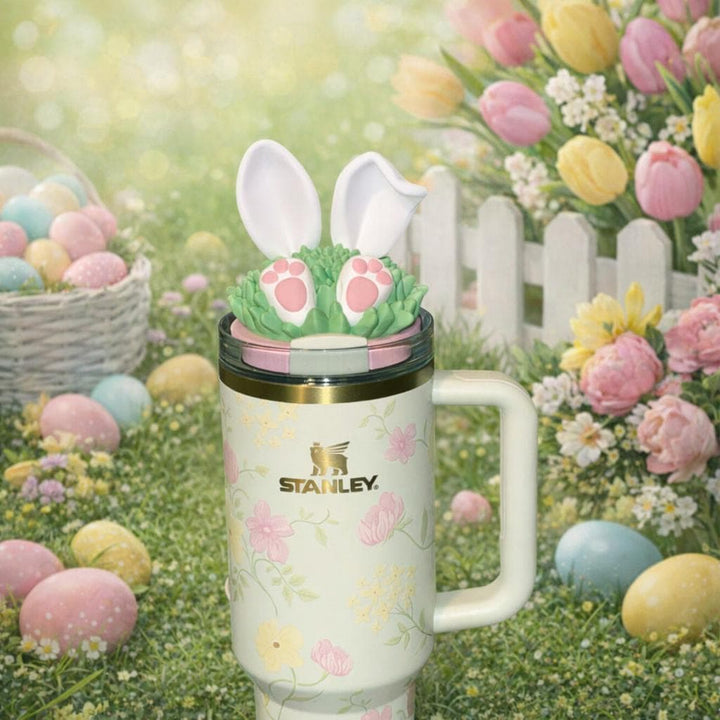 Bunny Rabbit Ears and Tail Tumbler Lid Topper, Easter Spring Blossoms, 3D Decorative Lid Attachment, unique gift