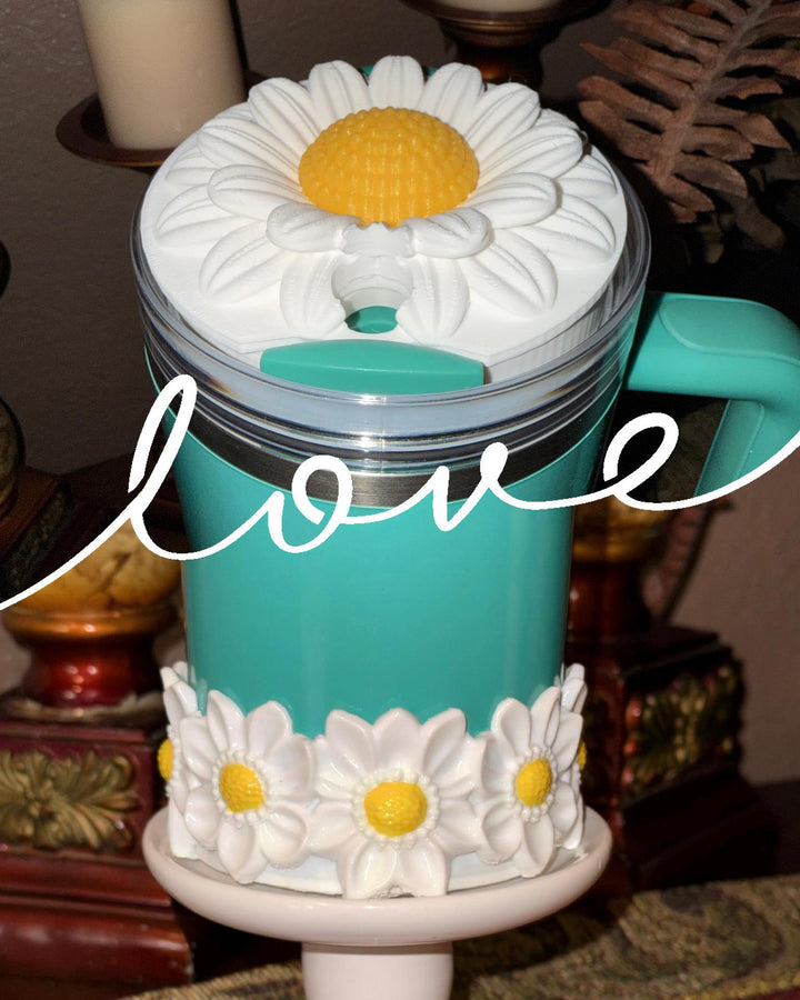 Daisy Tumbler Boot or lid topper, White Yellow, Protective Sleeve, Floral Boot, Fit's 20 30 and 40 oz Stanley, Flowers Tumbler Accessories