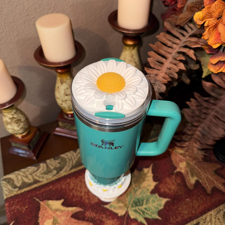 Daisy Tumbler Boot or lid topper, White Yellow, Protective Sleeve, Floral Boot, Fit's 20 30 and 40 oz Stanley, Flowers Tumbler Accessories