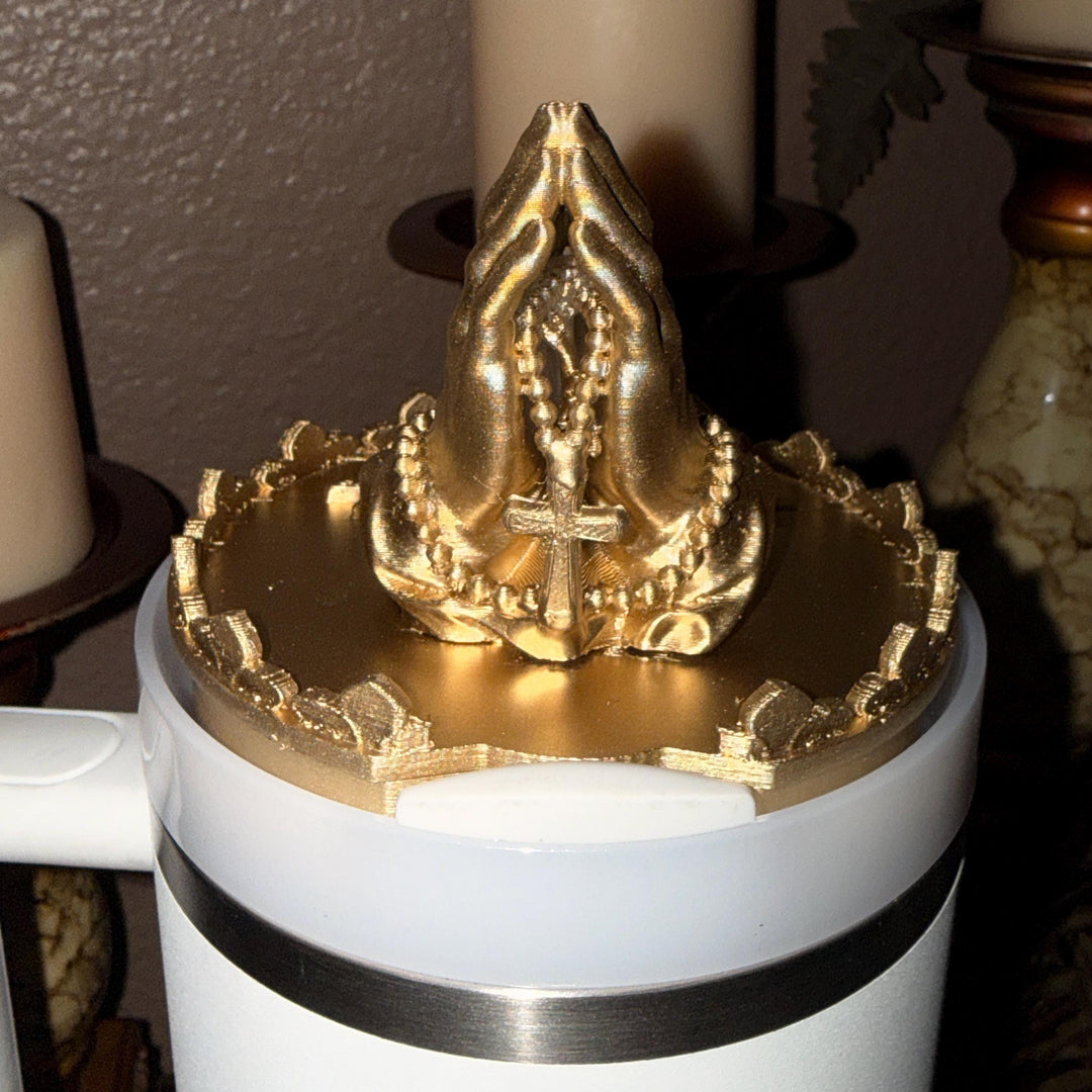 Gold Rosary Praying Hands Tumbler Topper for Starlight Shimmer Stanley – Religious Easter Accessory, Unique Gift
