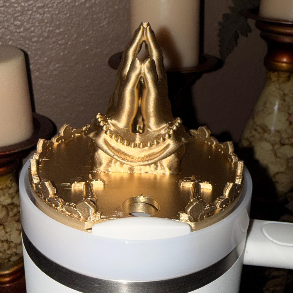 Gold Rosary Praying Hands Tumbler Topper for Starlight Shimmer Stanley – Religious Easter Accessory, Unique Gift