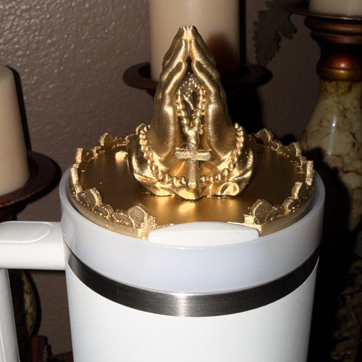 Gold Rosary Praying Hands Tumbler Topper for Starlight Shimmer Stanley – Religious Easter Accessory, Unique Gift