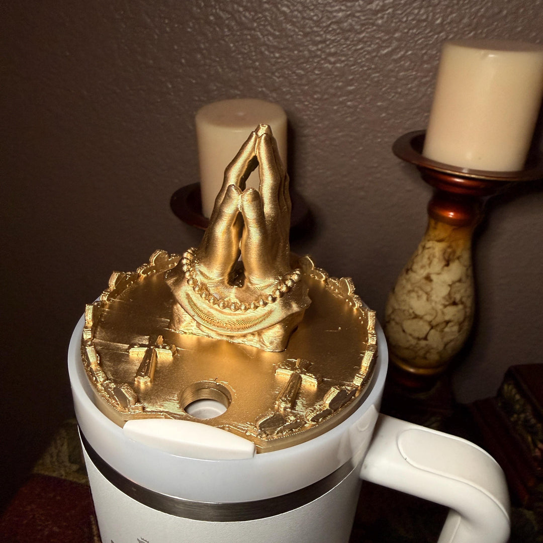 Gold Rosary Praying Hands Tumbler Topper for Starlight Shimmer Stanley – Religious Easter Accessory, Unique Gift