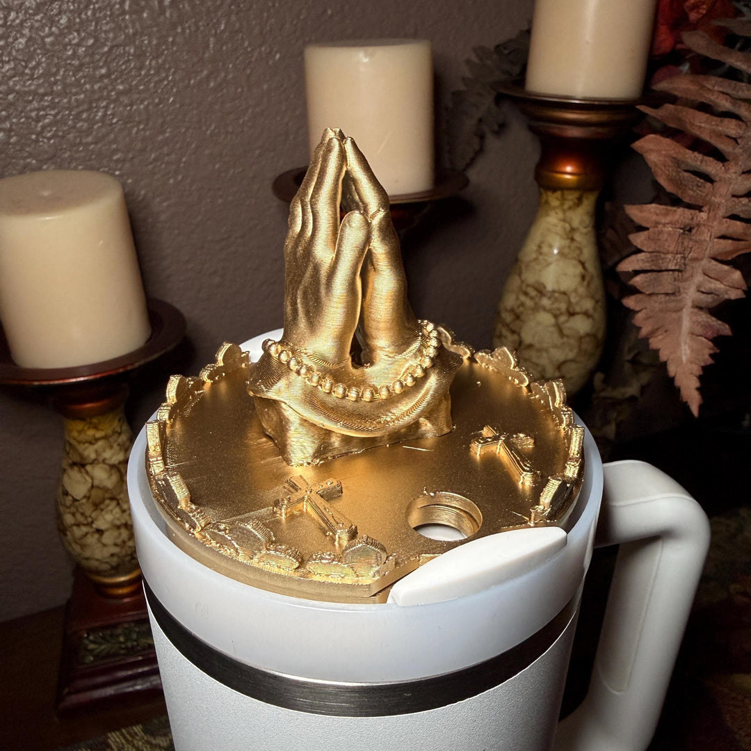 Gold Rosary Praying Hands Tumbler Topper for Starlight Shimmer Stanley – Religious Easter Accessory, Unique Gift