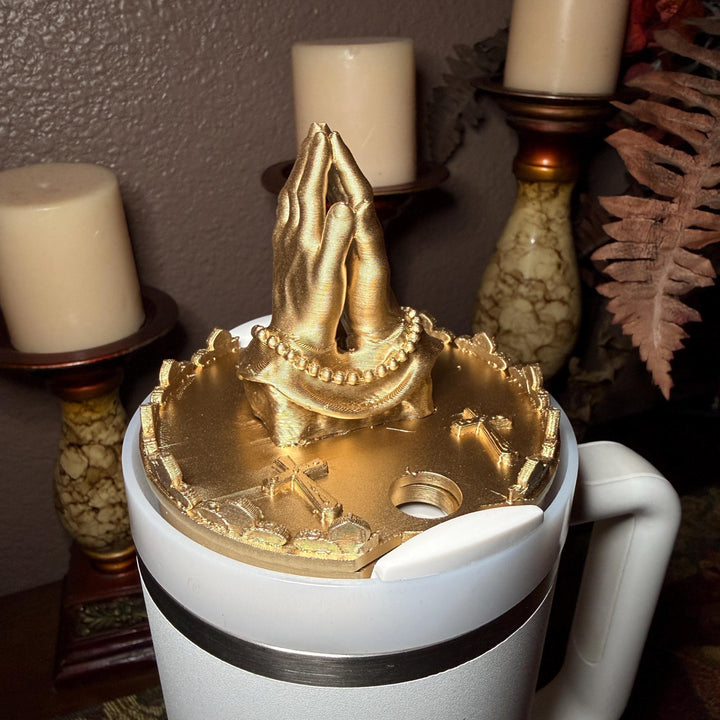 Gold Rosary Praying Hands Tumbler Topper for Starlight Shimmer Stanley – Religious Easter Accessory, Unique Gift