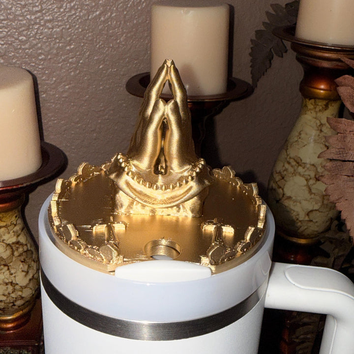 Gold Rosary Praying Hands Tumbler Topper for Starlight Shimmer Stanley – Religious Easter Accessory, Unique Gift