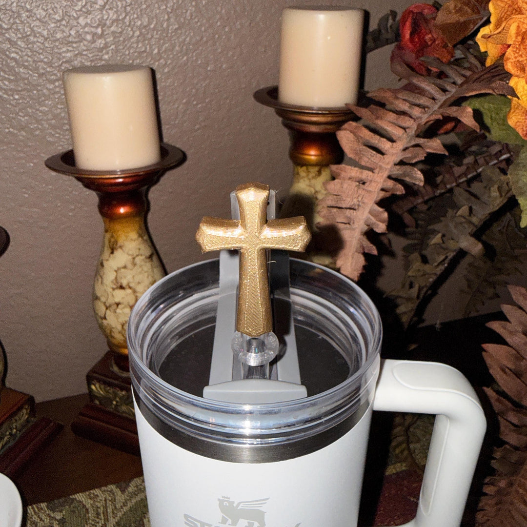 Cross Straw Topper, Gold or Silver, fits Stanley Tumbler straws 10 mm diameter, Unique Gift