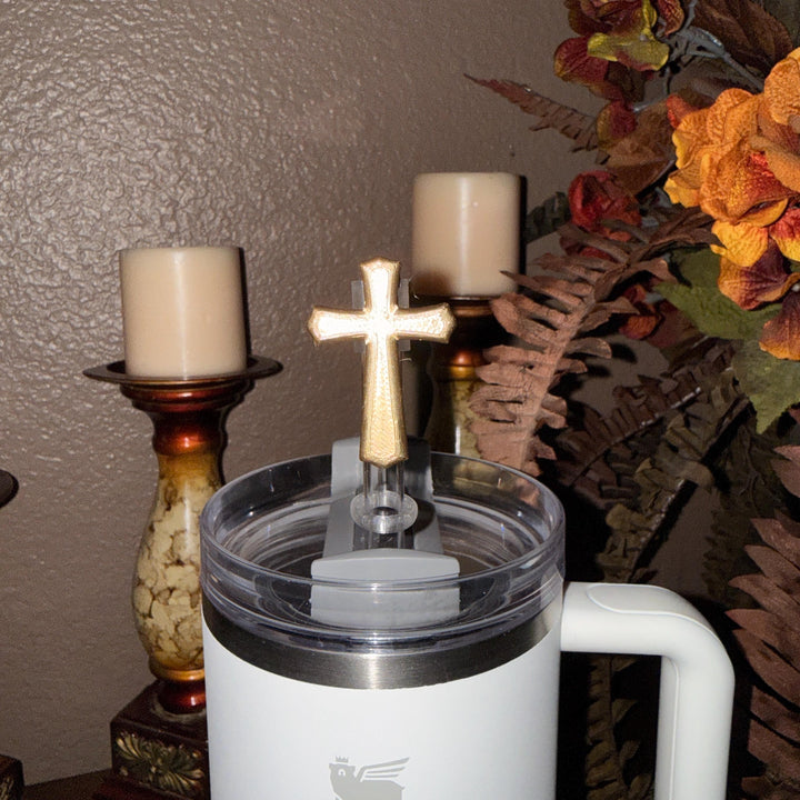 Cross Straw Topper, Gold or Silver, fits Stanley Tumbler straws 10 mm diameter, Unique Gift
