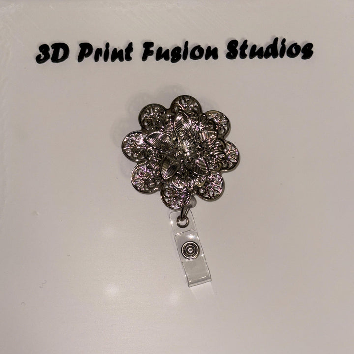 Silver or Gold Flower Princess Badge Reel – Sparkle Bling Floral ID Holder for Nurses, Teachers & Office Staff